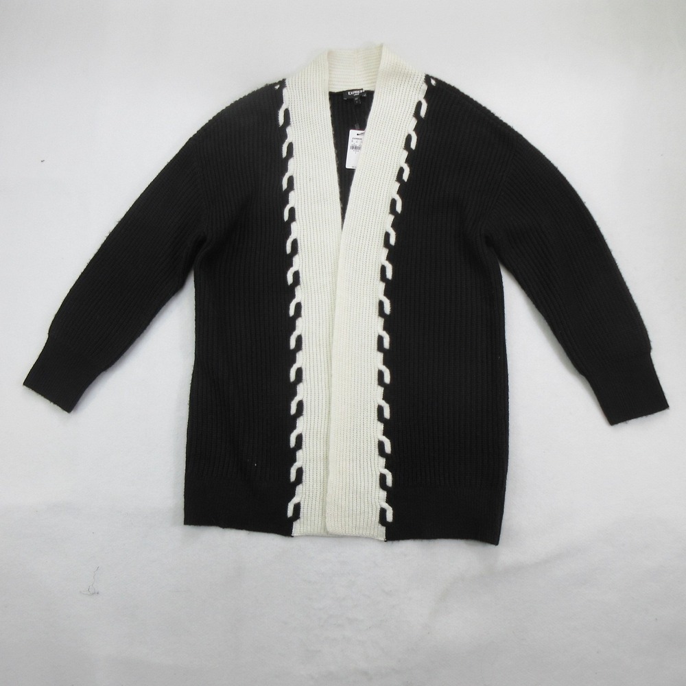 Express Women Sweater L Cardigan Open Front Ribbed Knit Black White New